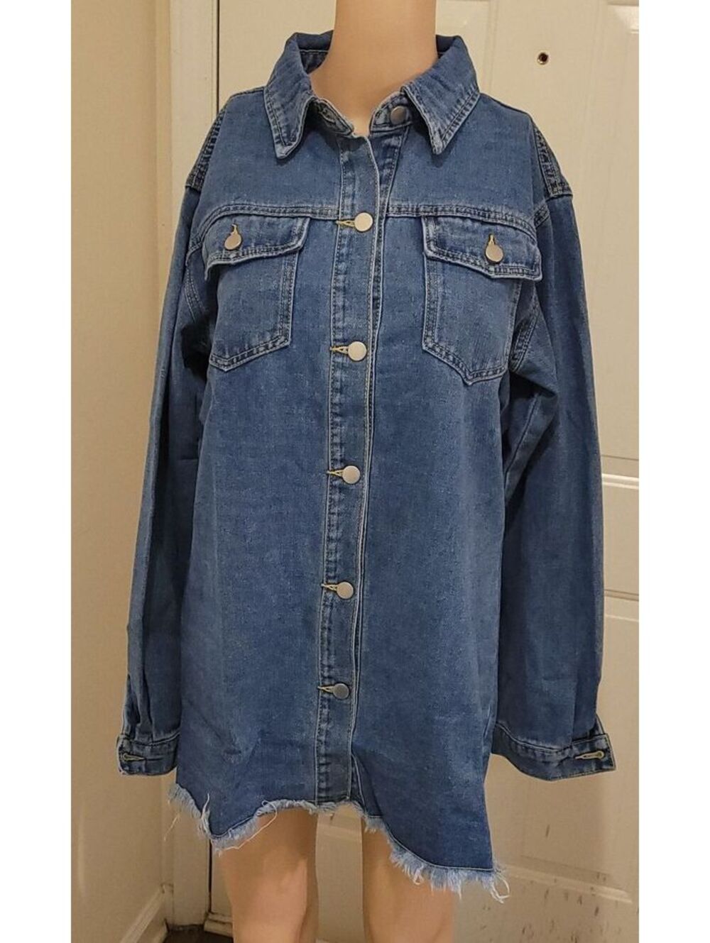 Oversized Women's Blue Denim Jacket Distressed Hem Size Large